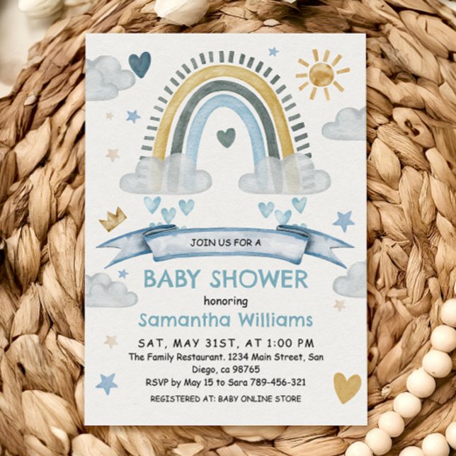 Invitation Boho Blue Watercolor Rainbow Baby shower (Créateur téléchargé)