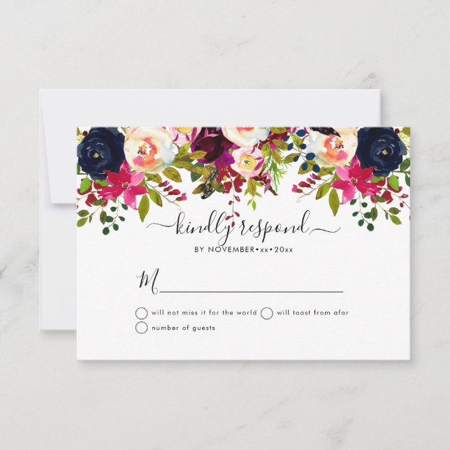 Invitation Boho Blush+Bourgogne Aquarelle Fleurs RSVP (Devant)