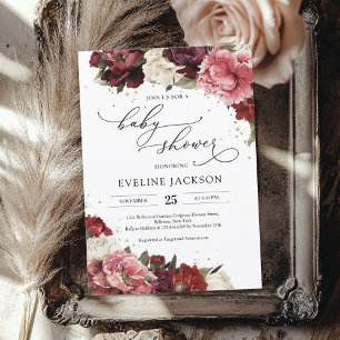 Invitation Boho Blush bourgogne mauve fleurs pivoines bébé
