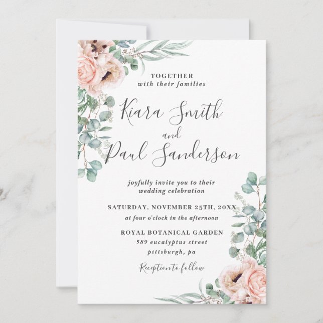 Invitation Boho Blush Dusty Rose Floral Eucalyptus Mariage (Devant)