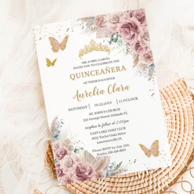 Invitation Boho Blush Dusty Rose Floral Pampas Quinceañera (Créateur téléchargé)