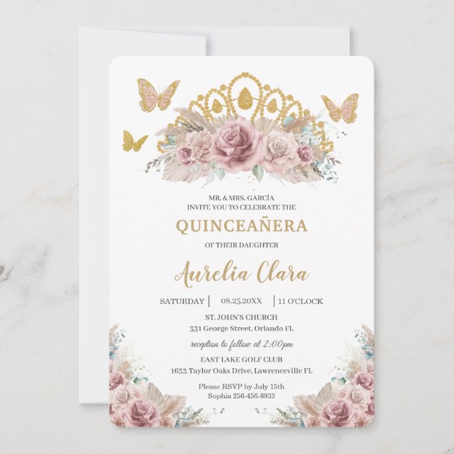 Invitation Boho Blush Dusty Rose Floral Pampas Quinceañera (Devant)