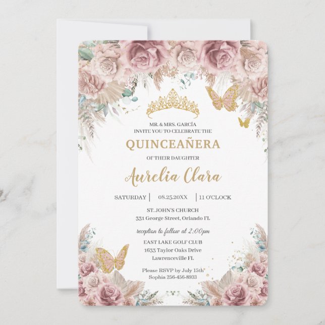 Invitation Boho Blush Dusty Rose Floral Pampas Quinceañera (Devant)