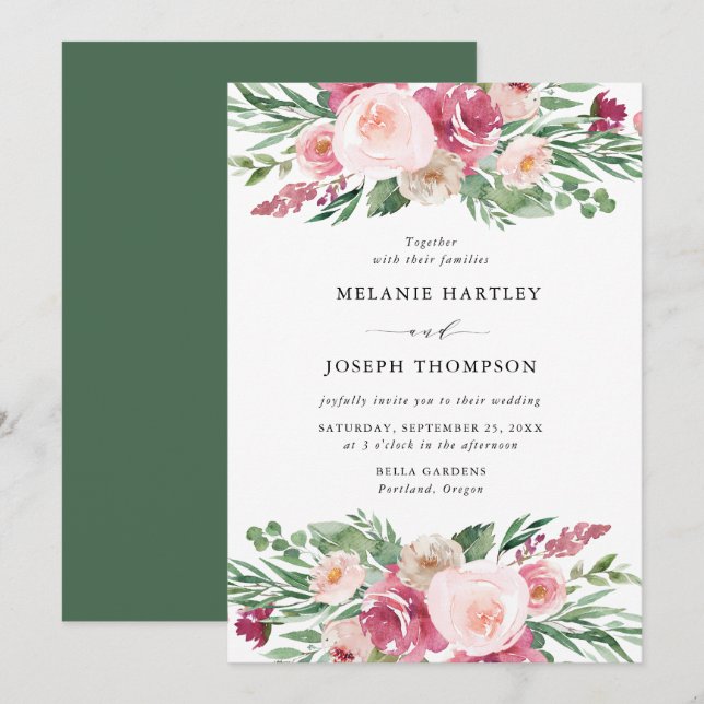 Invitation Boho Blush et rose Mariage floral (Devant / Derrière)