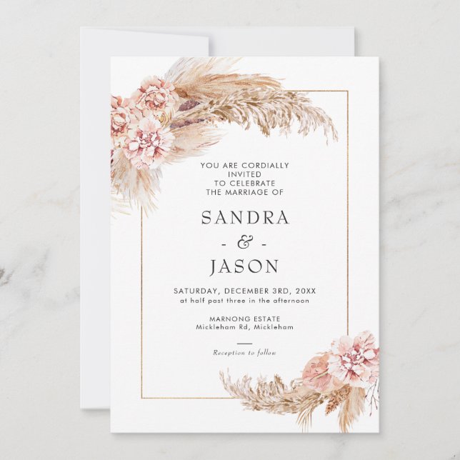 Invitation Boho Blush Floral Avec Mariage Cadre (Devant)