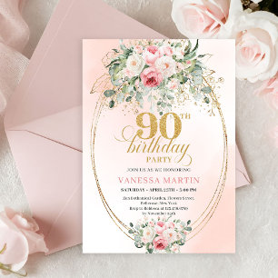 Invitation Boho Blush Floral Cadre Doré Minimal 90e Anniversa