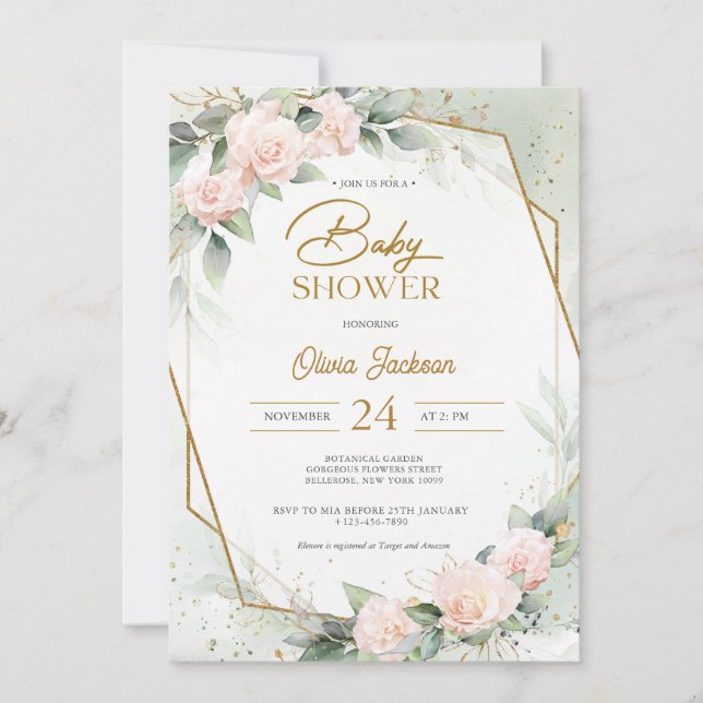 Invitation Boho Blush Floral Eucalyptus Cadre Baby shower (Devant)