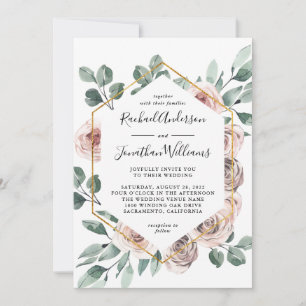 Invitation Boho Blush Floral Rose avec cadre géométrique