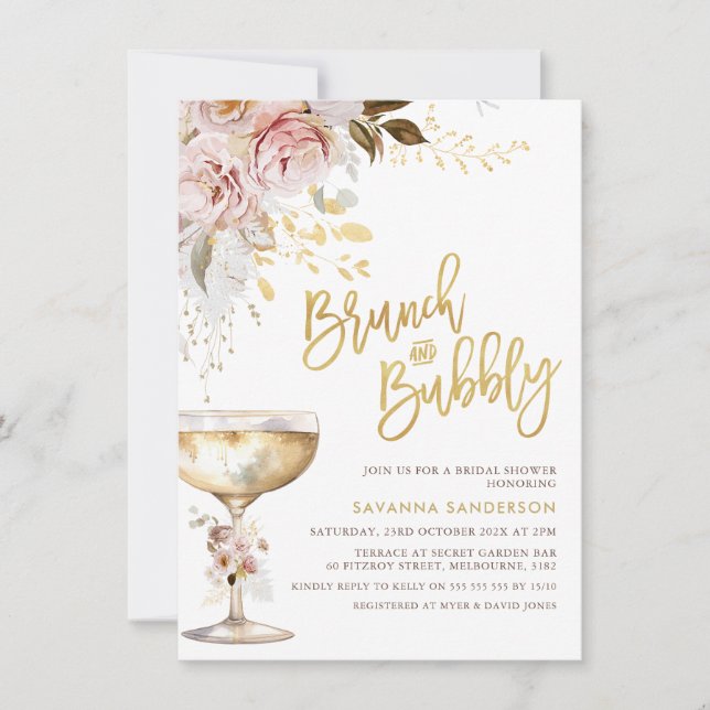 Invitation Boho Blush Gold Floral Brunch Fête des mariées Bub (Devant)