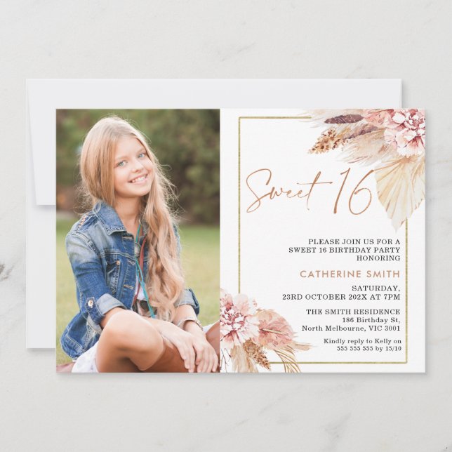 Invitation Boho Blush moderne Floral Photo Sweet 16 Anniversa (Devant)