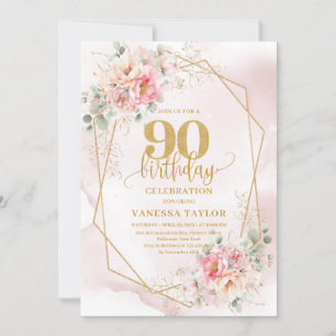 Invitation Boho Blush or rose Floral 90e anniversaire Invitat
