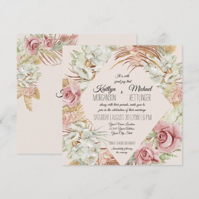 Invitation BOHO Blush Orchid Floral Pampas Palmier en laiton  (Devant / Derrière)