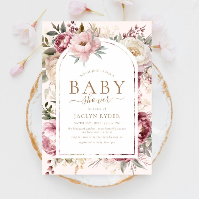 Invitation Boho Blush Peonies Floral Baby Girl Douche (Créateur téléchargé)