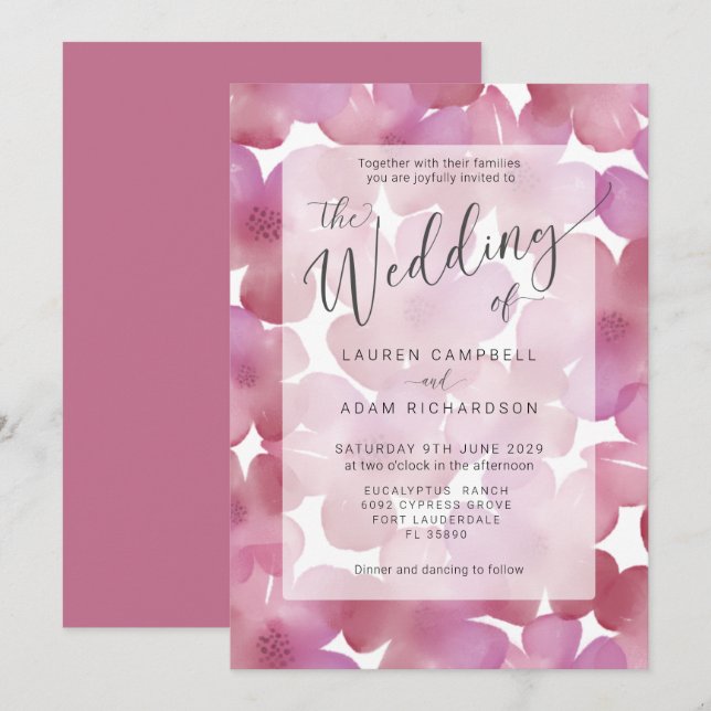 Invitation Boho Blush Pink Aquarelle Mariage floral (Devant / Derrière)