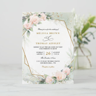Invitation Boho Blush Pink Floral Greenery QR Code Wedding
