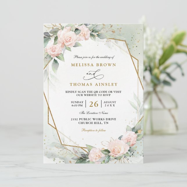 Invitation Boho Blush Pink Floral Greenery QR Code Wedding (Debout devant)