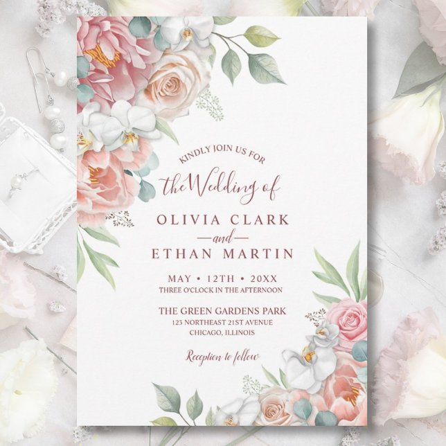 Invitation Boho Blush Rose Aquarelle Mariage Floral Invitati (Créateur téléchargé)