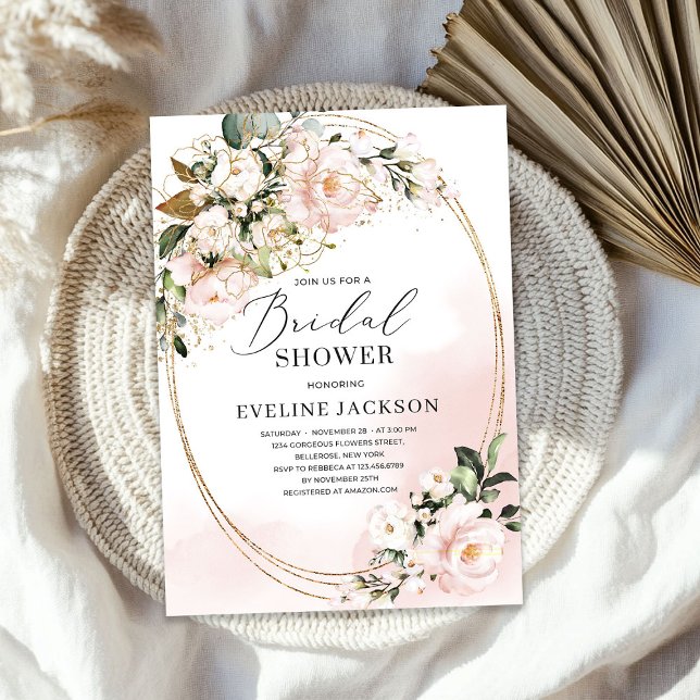 Invitation Boho Blush rose Fleurs Roses faux or oval vert (Boho Blush Pink Flowers Roses faux gold oval green Invitation)