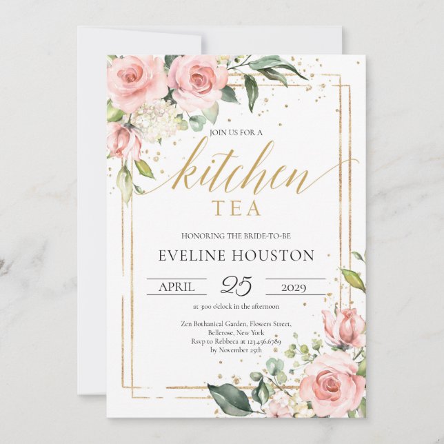 Invitation Boho Blush rose floral cadre or de cuisine thé (Devant)