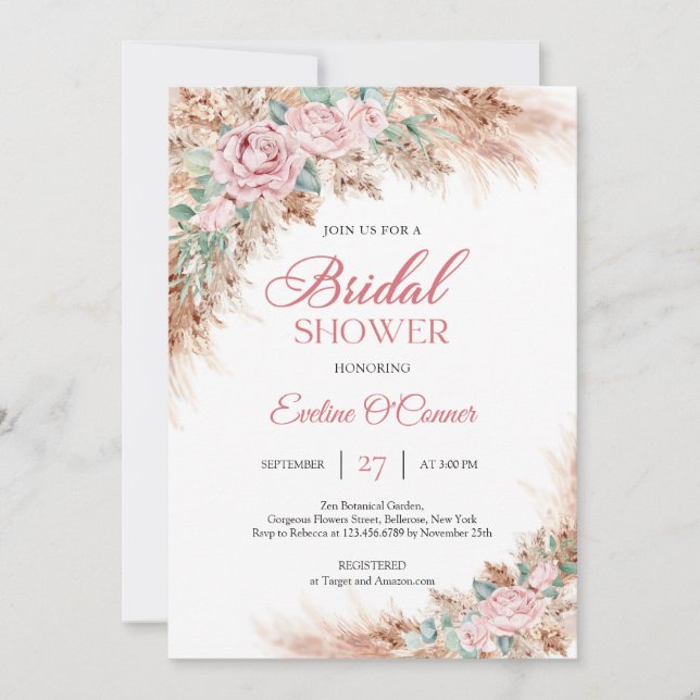 Invitation Boho Blush rose floral pampas herbe verdure (Devant)