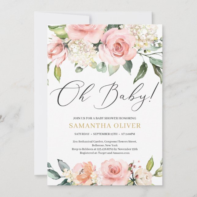 Invitation Boho Blush rose floral pêche or Oh Baby shower (Devant)