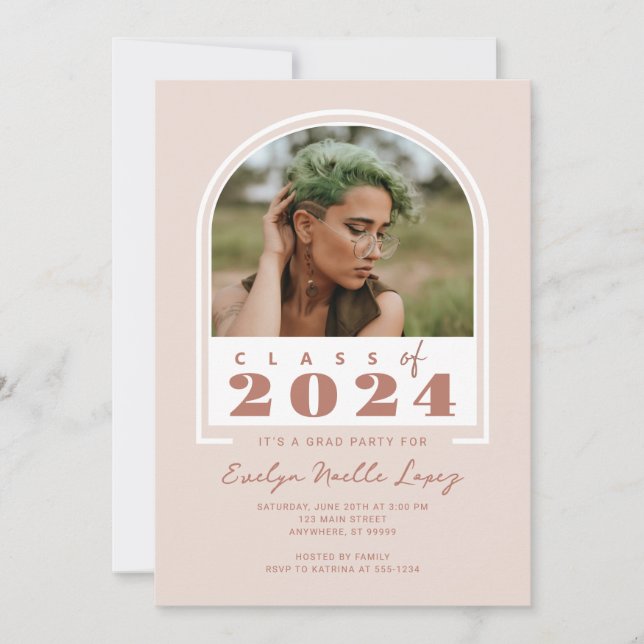 Invitation Boho Blush rose moderne Arch Photo Party Graduatio (Devant)