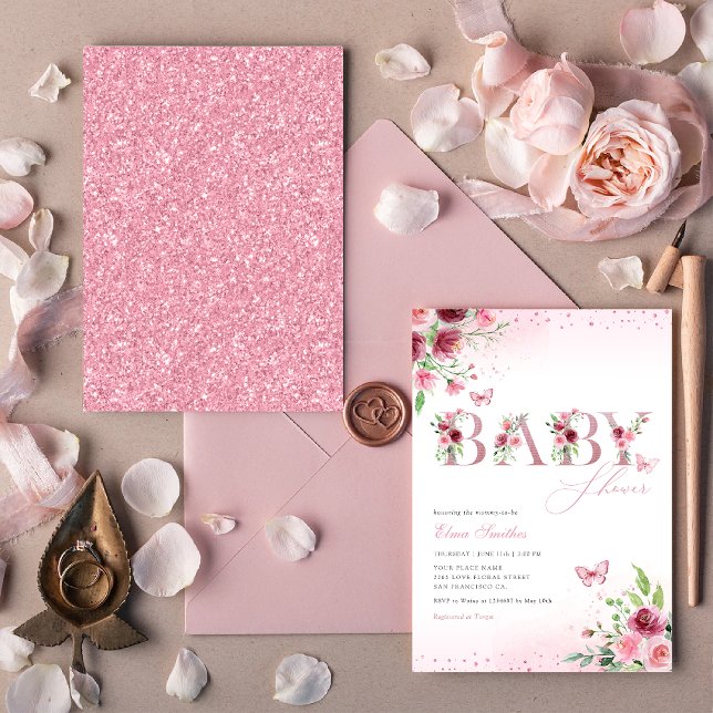 Invitation Boho Blush rose papillon floral Baby shower fille (Créateur téléchargé)