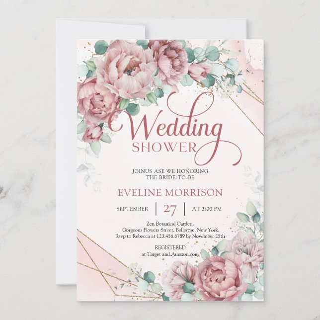 Invitation Boho blush rose pivoines eucalyptus wedding shower (Devant)