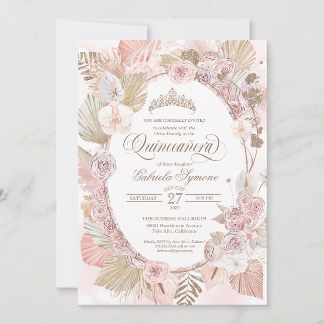 Invitation Boho Blush rose & séché Floral Roses Quinceanera (Devant)