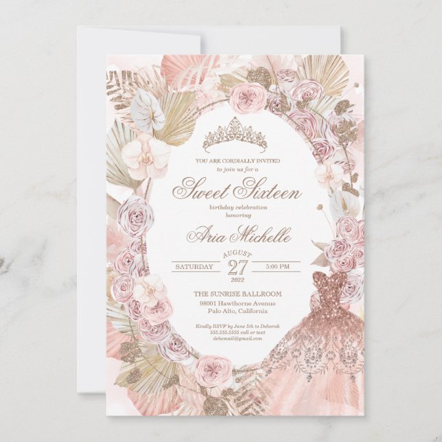 Invitation Boho Blush rose Sweet sixteen floral 16e anniversa (Devant)