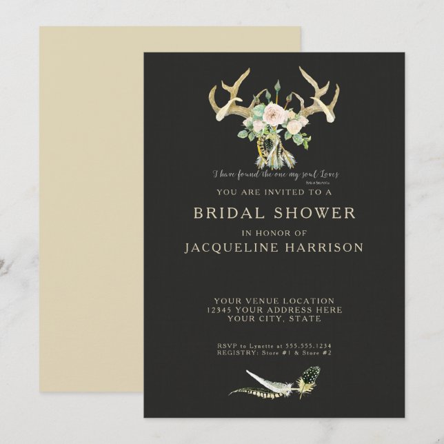 Invitation Boho Bohemian Deer Antler Floral Bridal Shower (Devant / Derrière)