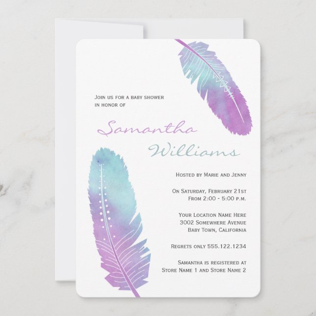 Invitation Boho Bohemian Feather Purple Baby shower (Devant)