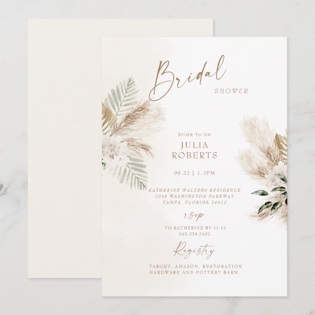 Invitation Boho Bohemian Pampas Grass Fête des mariées (Devant / Derrière)