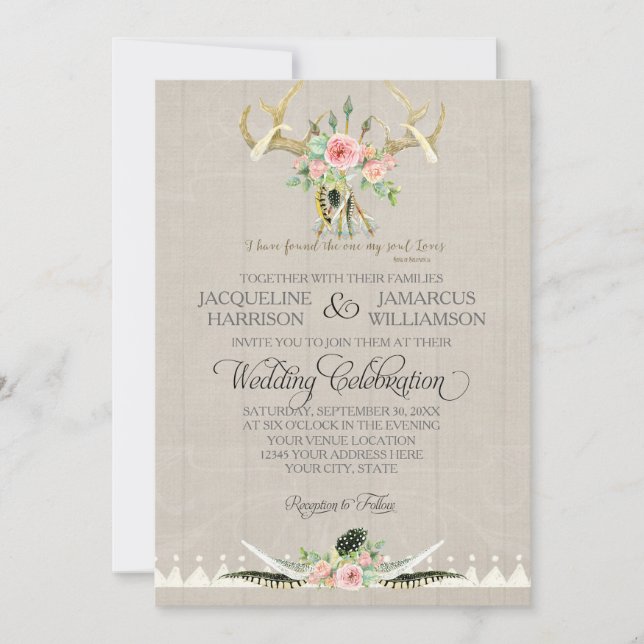 Invitation BOHO Bohemian Tribal Deer Antler Feathers Art Rose (Devant)