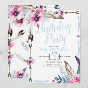 Invitation Boho Bohemian Tribal Floral Aquarelle Anniversaire