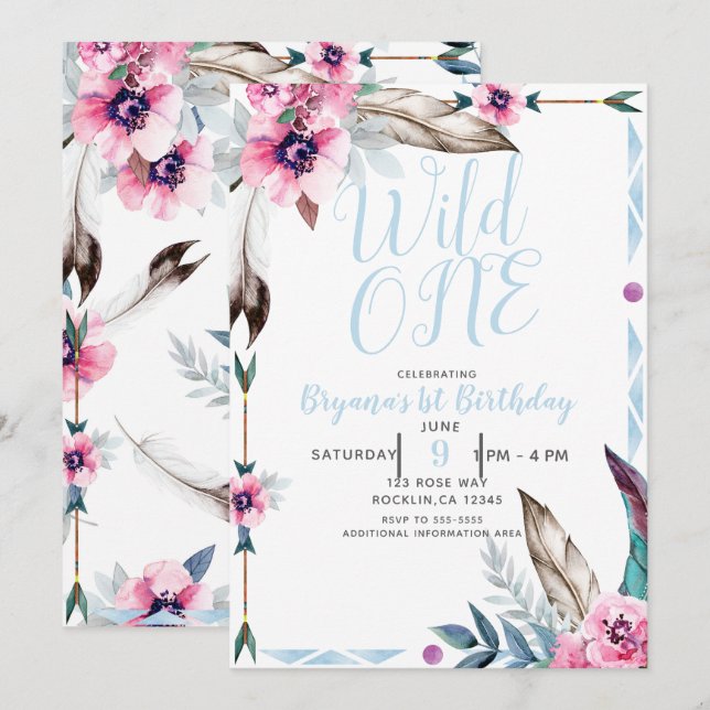 Invitation Boho Bohemian Tribal Floral Aquarelle WILL ONE (Devant / Derrière)