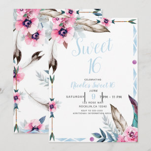 Invitation Boho Bohemian Tribal Floral Watercolor Sweet 16