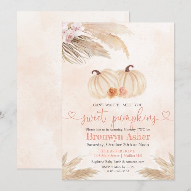 Invitation Boho Bohemian Twin Citrouille Baby shower Invitati (Devant / Derrière)