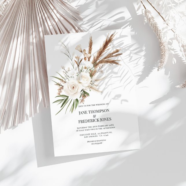 Invitation Boho Bohémien Fleurs Séchées Photo & Code QR Maria (Boho Bohemian Dried Floral Photo & QR Code Wedding Invitation)