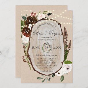 Invitation Boho Bois Slice Feather Marsala Floral Mariage Dan