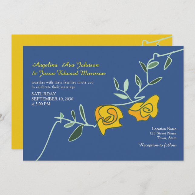 Invitation Boho Bold Floral Jaune Mariage bleu (Devant / Derrière)