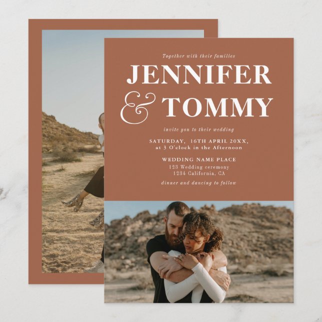 Invitation Boho bold names rétro 2 photos mariage terre cuite (Devant / Derrière)
