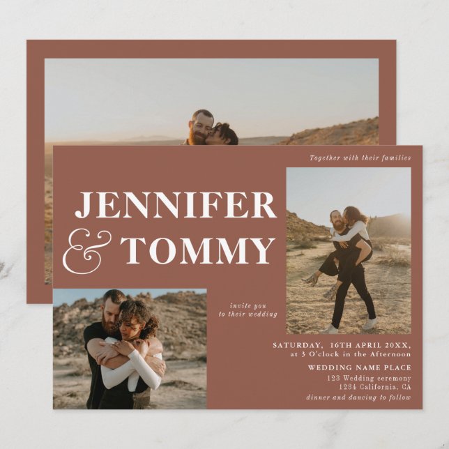 Invitation Boho bold names rétro 3 photos mariage terre cuite (Devant / Derrière)