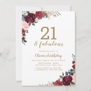 Invitation Boho bordeaux aquarelle florale 21e anniversaire