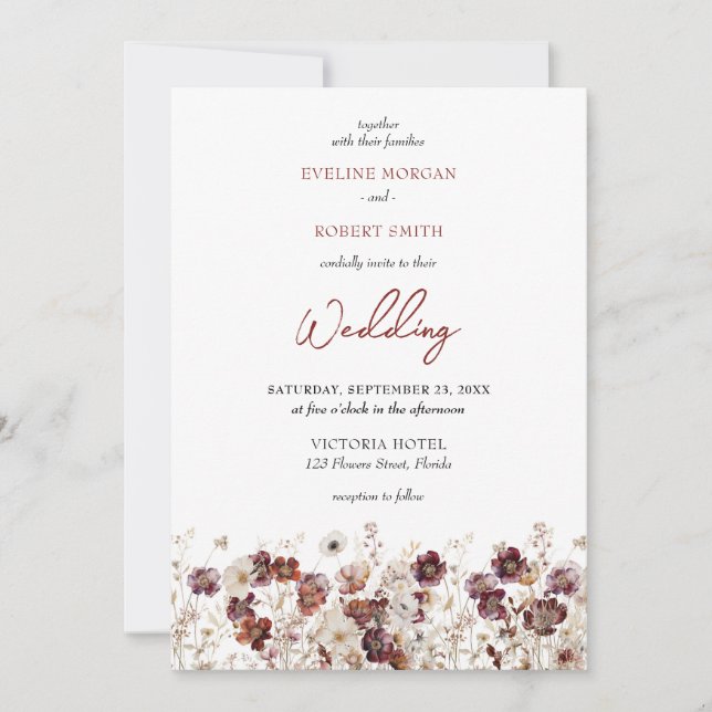 Invitation Boho bordeaux et terre cuite fleurs sauvages (Devant)