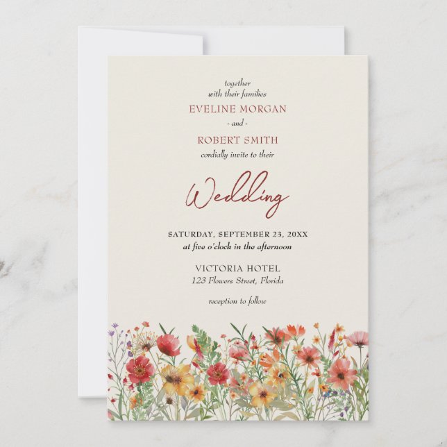 Invitation Boho bordeaux fleurs sauvages automne mariage (Devant)