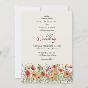 Invitation Boho bordeaux fleurs sauvages automne mariage