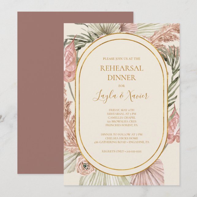 Invitation Boho Botanical | Dîner de répétition Rose Dusty (Devant / Derrière)