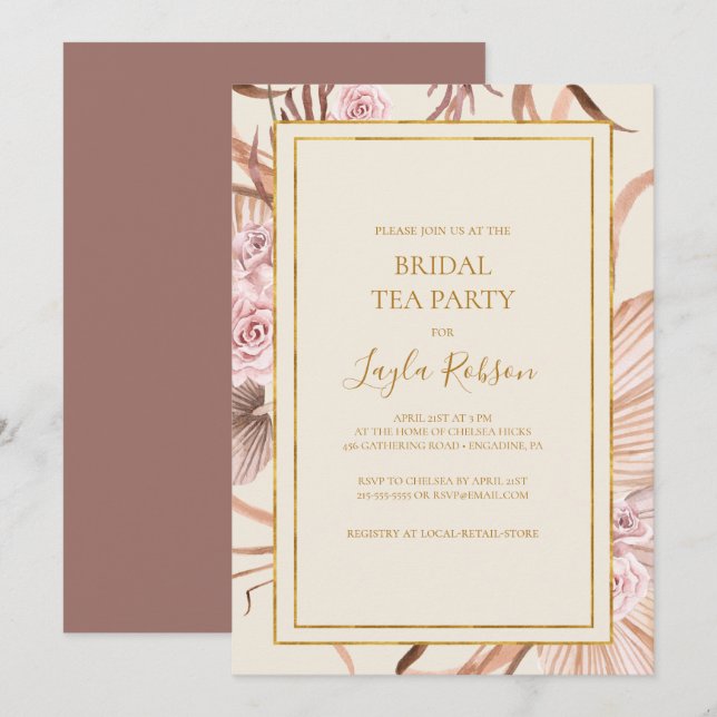 Invitation Boho Botanical | Dusty Rose Bridal Tea Party (Devant / Derrière)