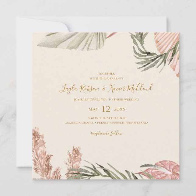 Invitation Boho Botanical | Mariage Carré simple vert olive (Devant)